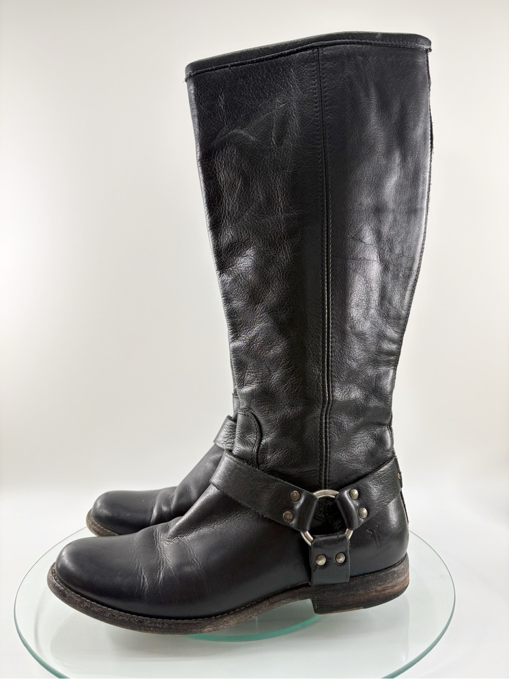 Frye Phillip Harness Tall Boots Black Leather Extended Calf Women’s 8.5 4001